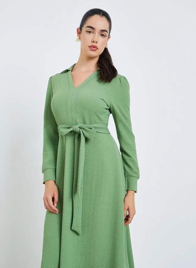 Styli Women Green Waist Tie A-Line Midi Dress